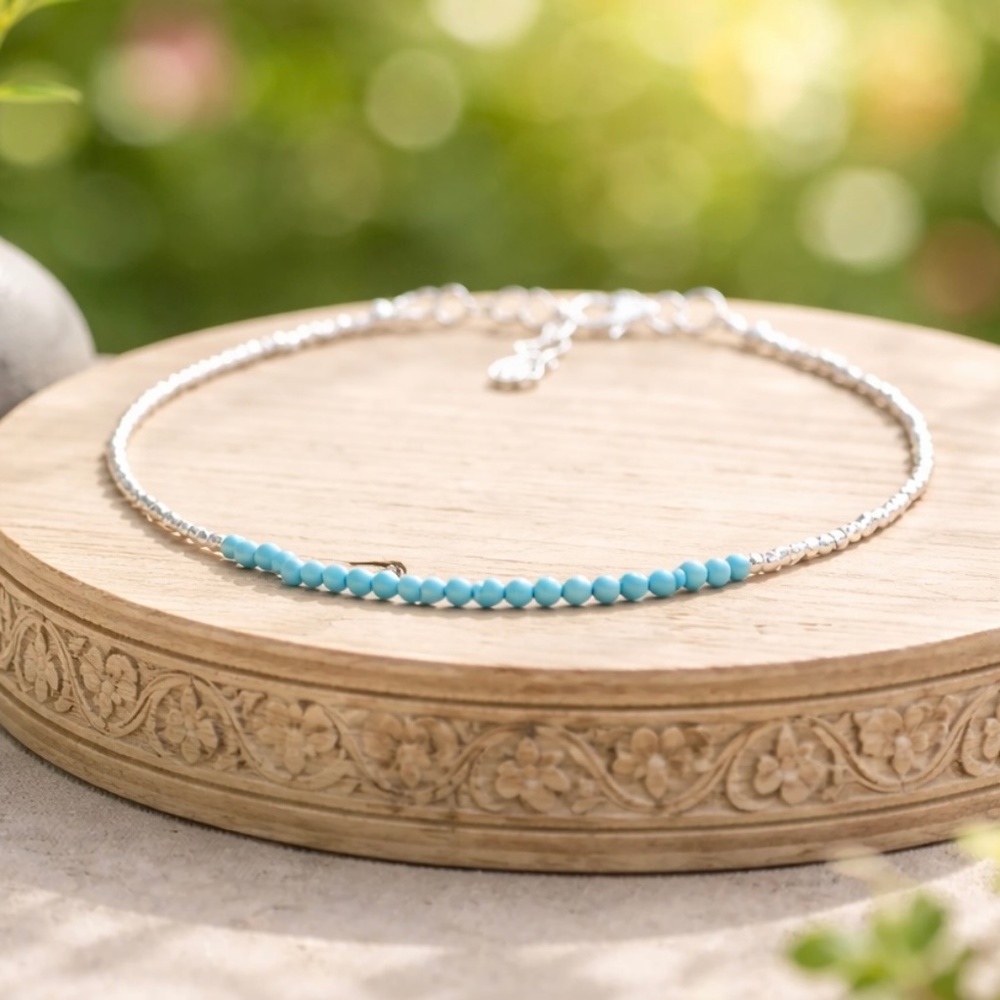 New Natural Turquoise Bracelet Karen Hill Tribe Pure Silver Beaded Bracelet